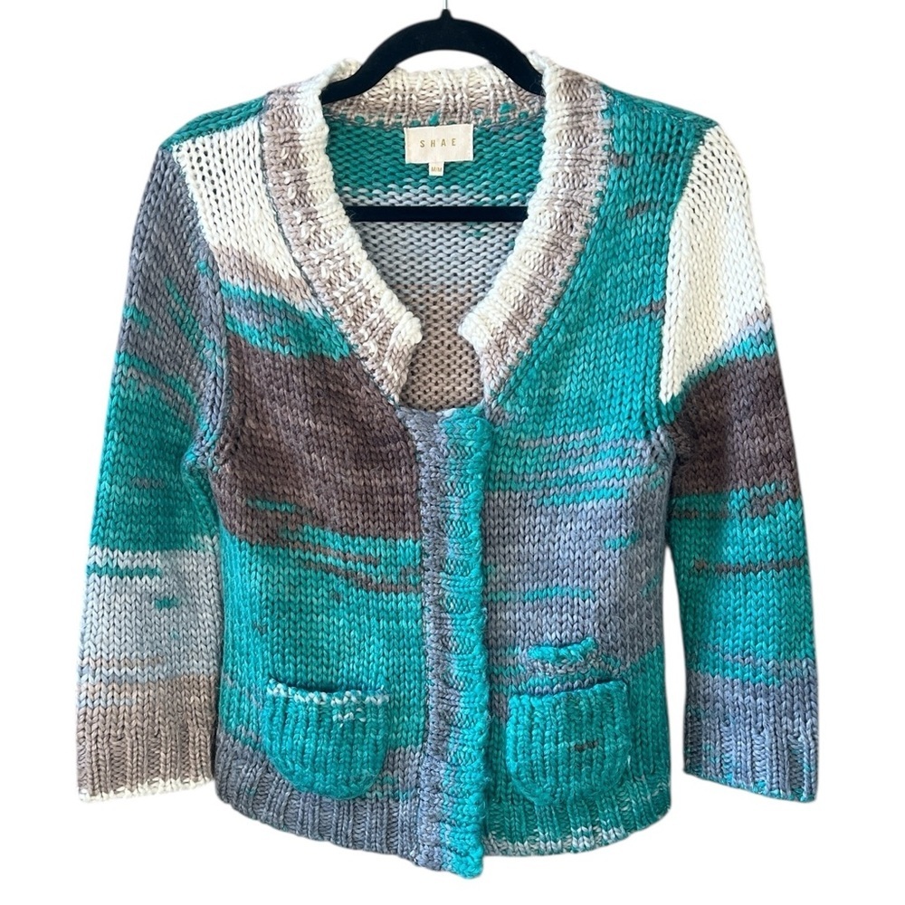 Shae Anthropologie Sz M Chunky Knit Cardigan Teal Cream Brown Abstract